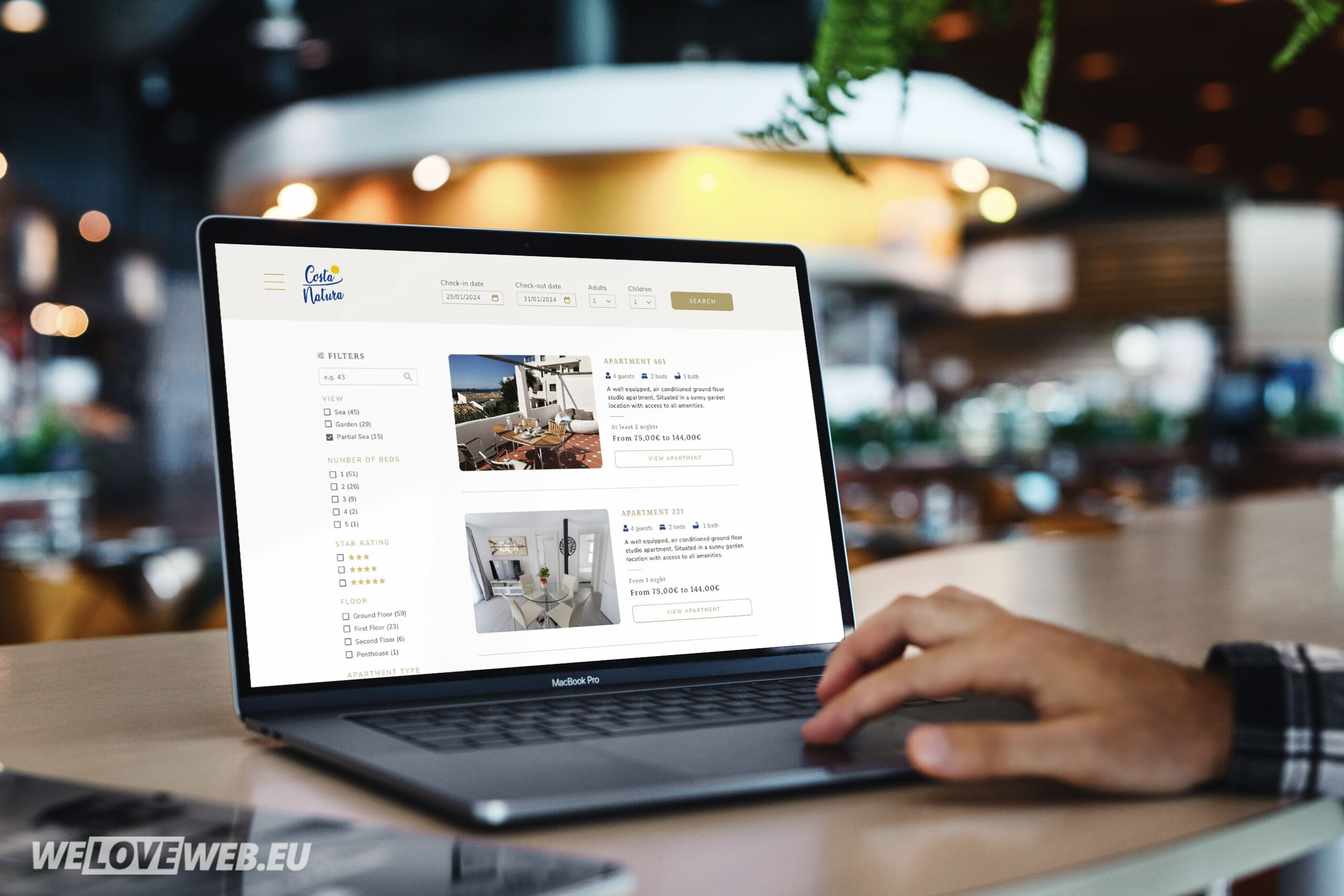 Lista de las habitaciones en un diseño web para hoteles con sistema de reservas